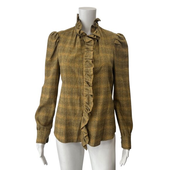 Isabel Marant Brown Mustard Check Ruffle Button Shirt size FR 38/6 - Picture 1 of 10